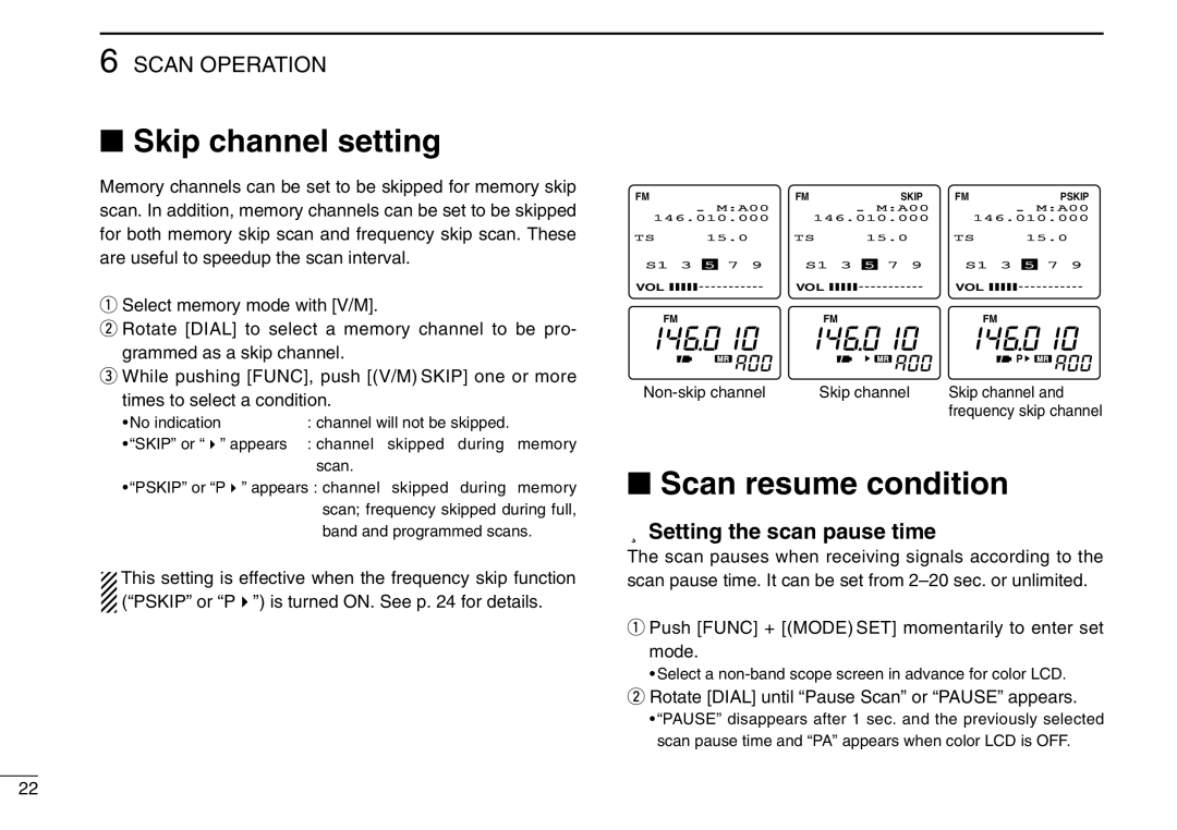 Icom IC-R3 instruction manual Skip channel setting, Scan resume condition, Setting the scan pause time 