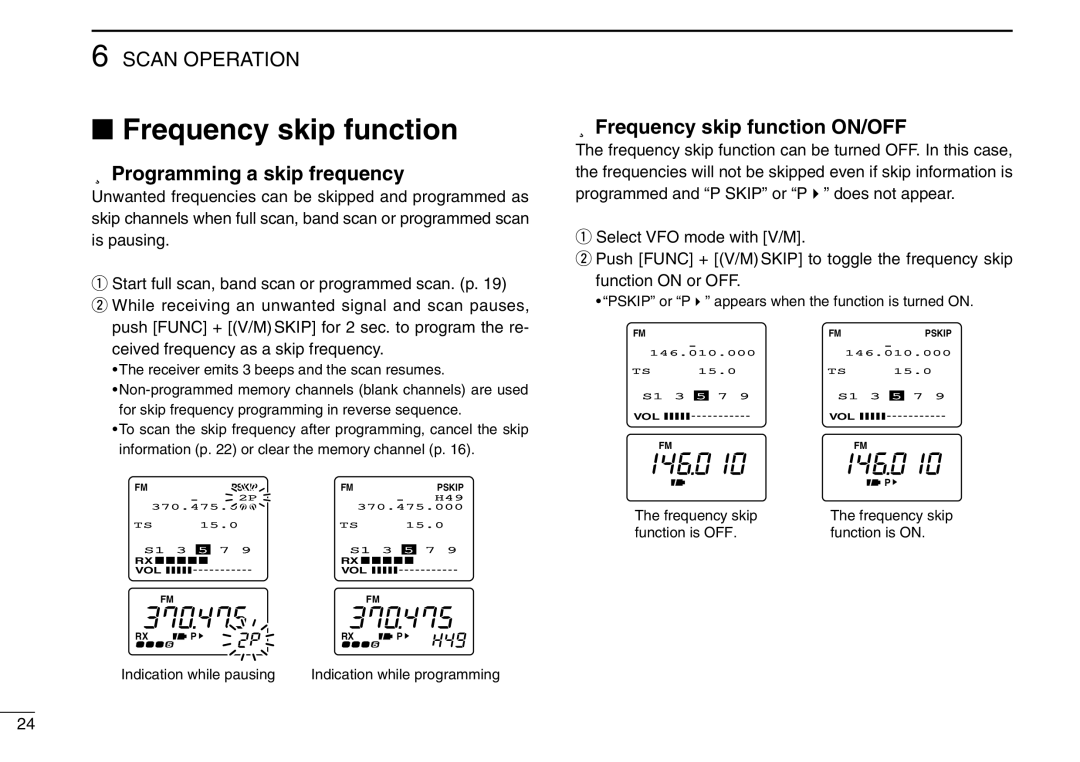 Icom IC-R3 instruction manual Programming a skip frequency, Frequency skip function ON/OFF 