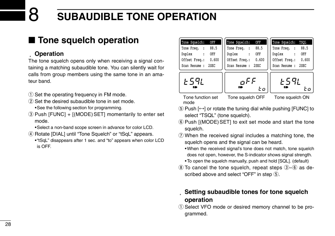 Icom IC-R3 Subaudible Tone Operation, Tone squelch operation, Setting subaudible tones for tone squelch Operation 