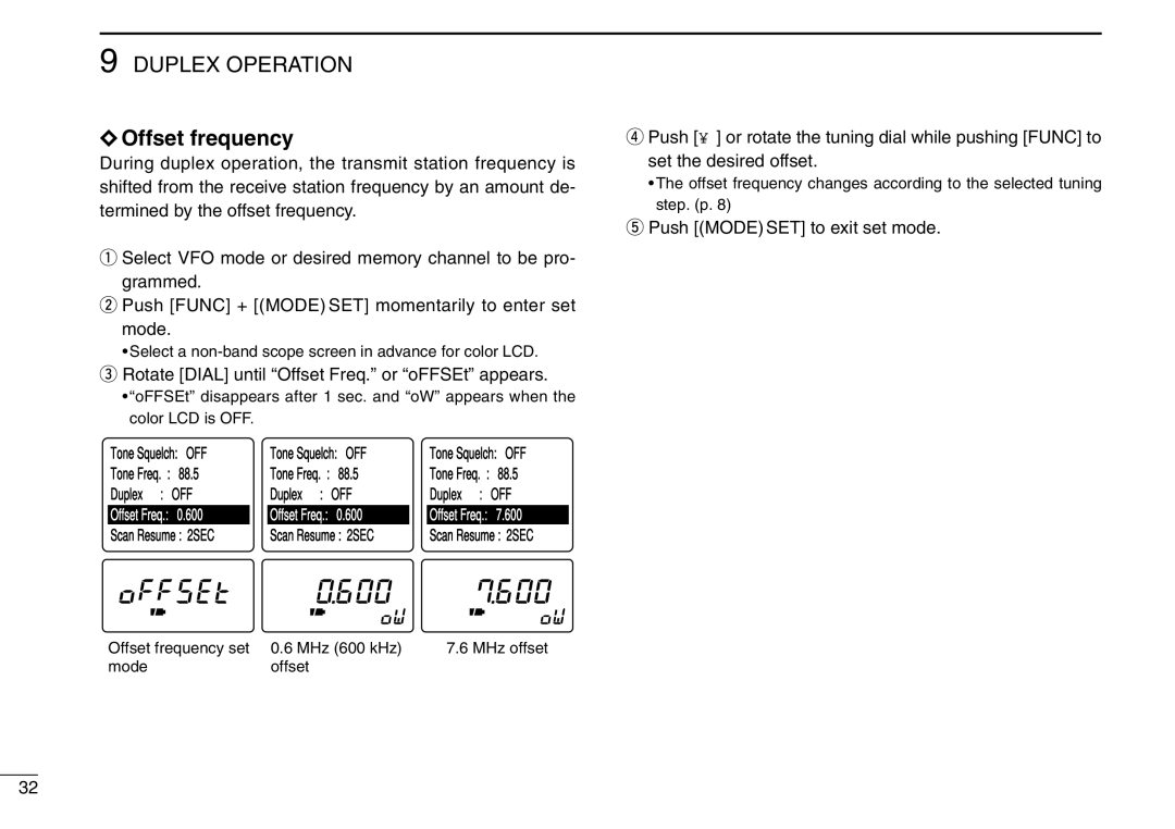 Icom IC-R3 instruction manual Offset frequency, Rotate Dial until Offset Freq. or oFFSEt appears 