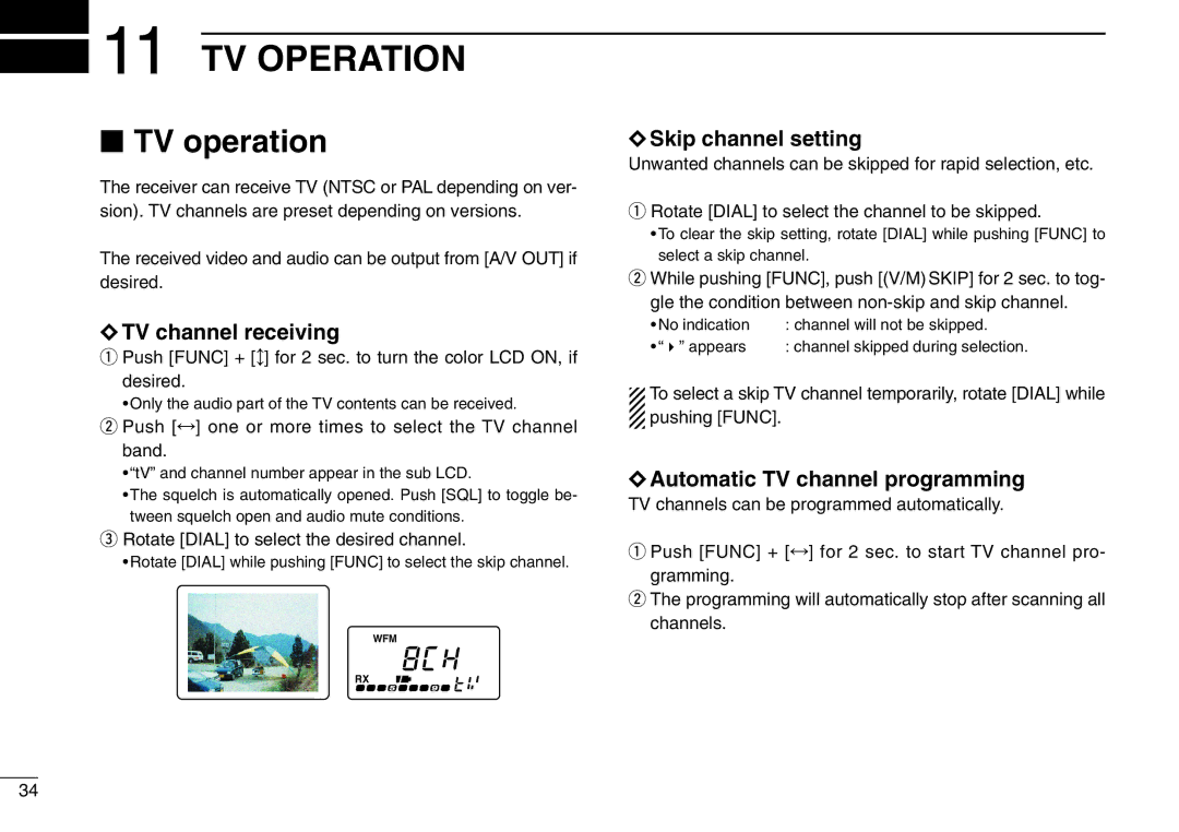 Icom IC-R3 TV Operation, TV operation, TV channel receiving, Skip channel setting, Automatic TV channel programming 