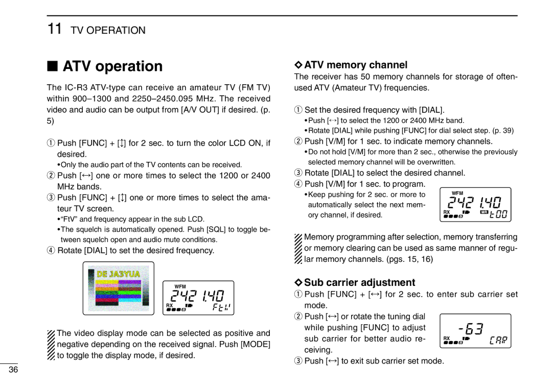 Icom IC-R3 instruction manual ATV operation, ATV memory channel, Sub carrier adjustment 