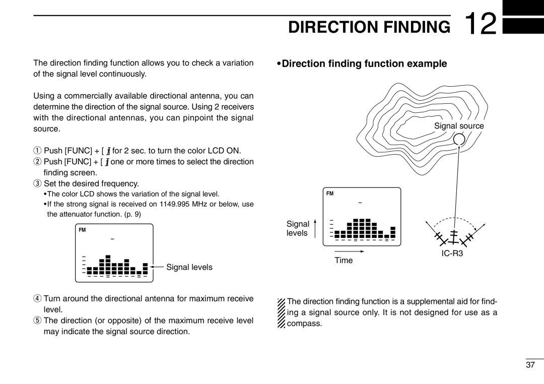 Icom IC-R3 instruction manual Direction Finding, Direction ﬁnding function example, Signal source, Signal levels 