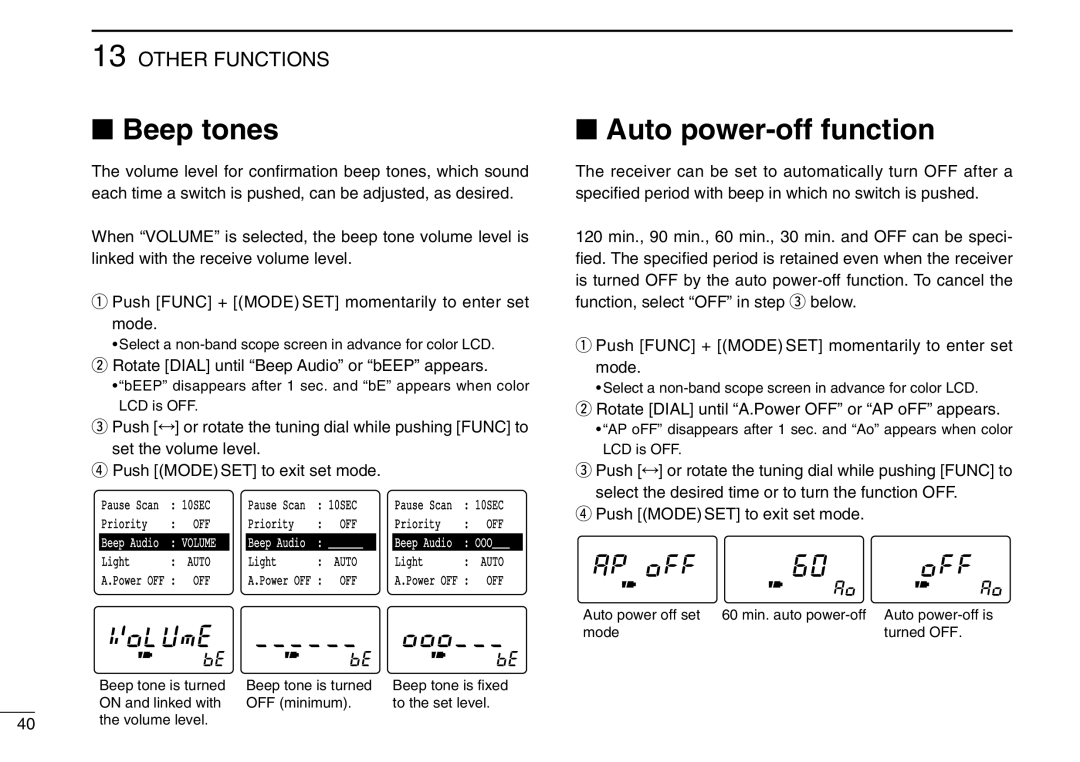 Icom IC-R3 instruction manual Beep tones, Auto power-off function, Rotate Dial until Beep Audio or bEEP appears 