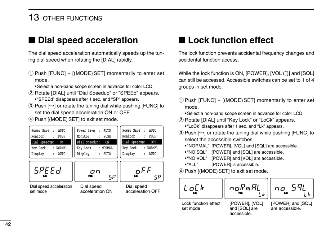 Icom IC-R3 Dial speed acceleration, Lock function effect, Rotate Dial until Dial Speedup or SPEEd appears 