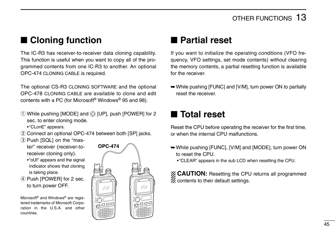 Icom IC-R3 instruction manual Cloning function, Partial reset, Total reset, Push Power for 2 sec. to turn power OFF 