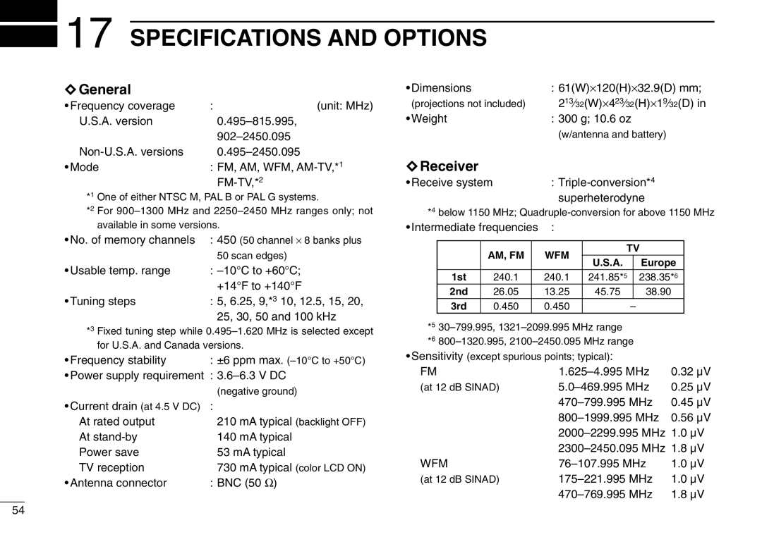 Icom IC-R3 instruction manual Specifications and Options, General, Receiver 