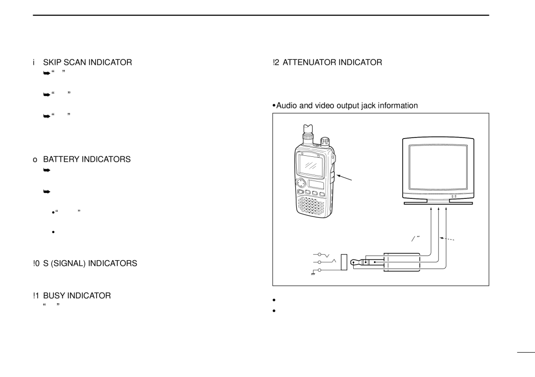 Icom IC-R3 Skip Scan Indicator pgs, Battery Indicators, 2ATTENUATOR Indicator p, Audio and video output jack information 