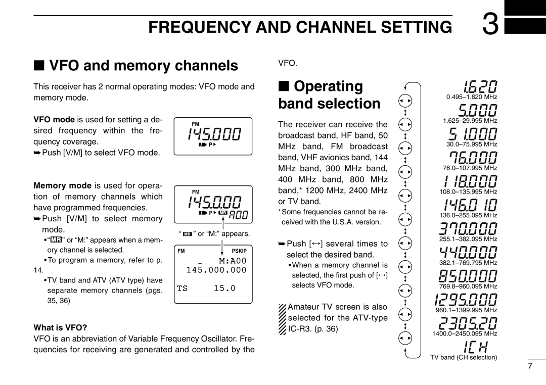 Icom IC-R3 Frequency And Channel Setting, VFO and memory channels, Operating band selection, MA00 145.000.000 TS 