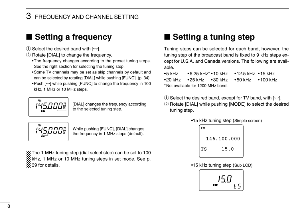 Icom IC-R3 instruction manual Setting a frequency, Setting a tuning step, Frequency And Channel Setting, 146.100.000 TS 