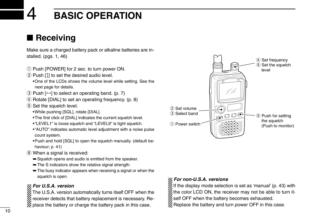 Icom IC-R3 instruction manual Basic Operation, Receiving, For U.S.A. version, For non-U.S.A. versions 