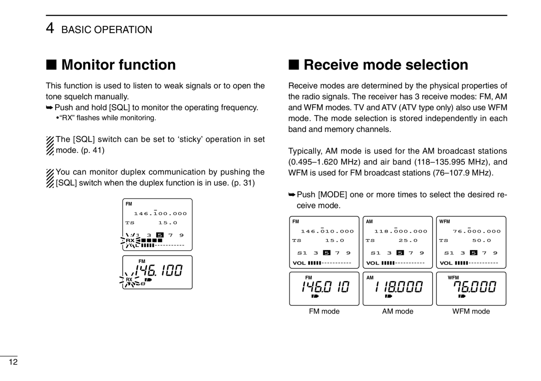 Icom IC-R3 instruction manual Monitor function, Receive mode selection, Basic Operation 