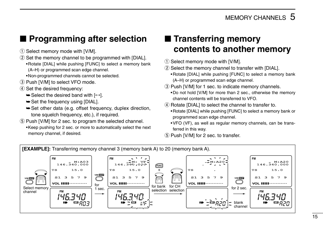 Icom IC-R3 instruction manual Programming after selection, Transferring memory contents to another memory, Memory Channels 
