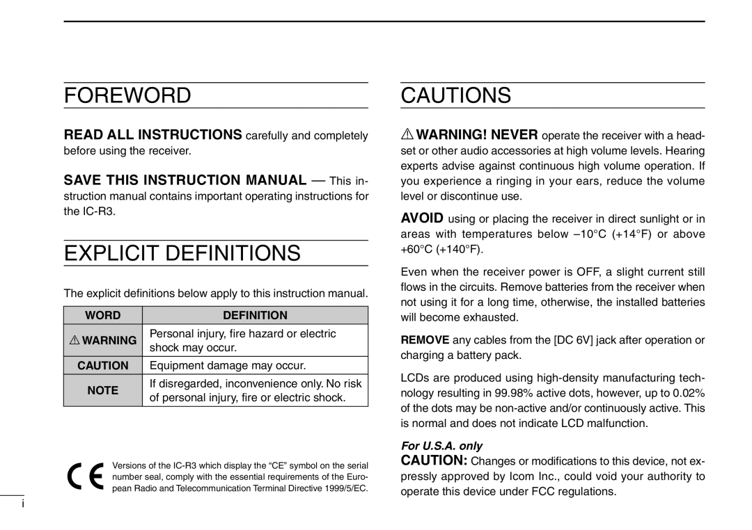 Icom IC-R3 Foreword, Cautions, Explicit Definitions, SAVE THIS INSTRUCTION MANUAL - This in, Word, Rwarning 