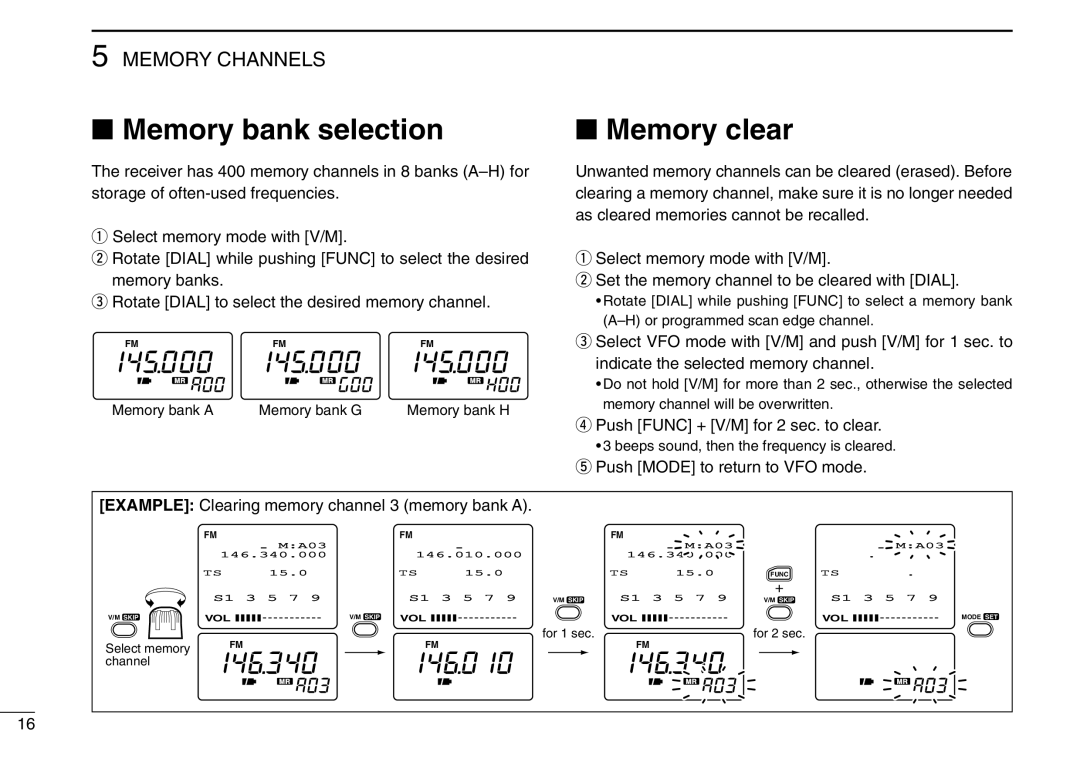 Icom IC-R3 instruction manual Memory bank selection, Memory clear, Memory Channels 