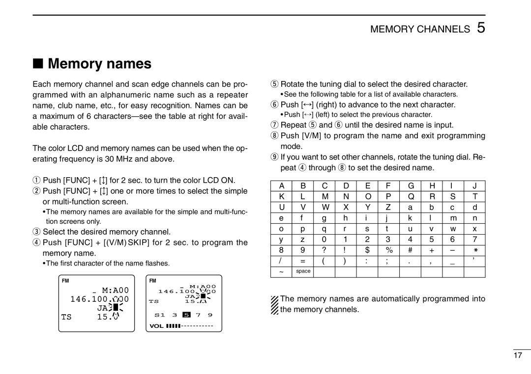 Icom IC-R3 instruction manual Memory names, MA00, 146.100.000, Memory Channels, 15.0 