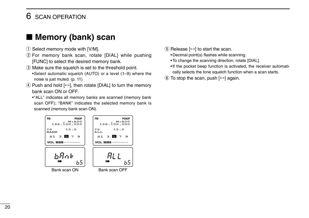 Icom IC-R3 instruction manual Memory bank scan, Scan Operation 
