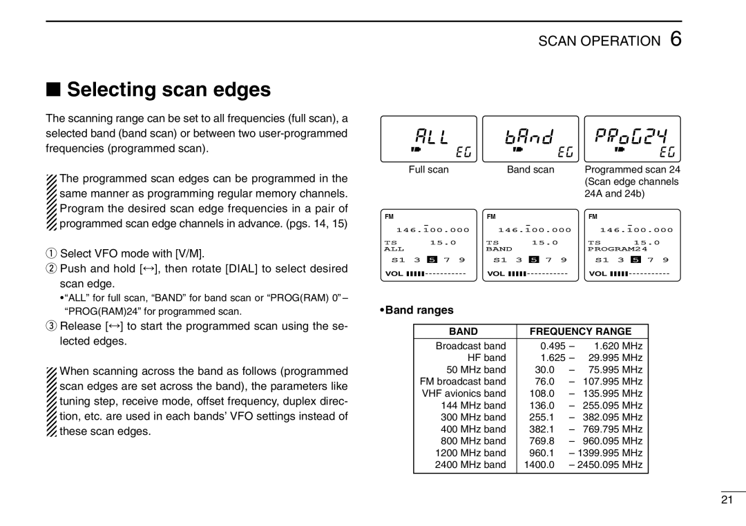 Icom IC-R3 instruction manual Selecting scan edges, Band ranges, Scan Operation 