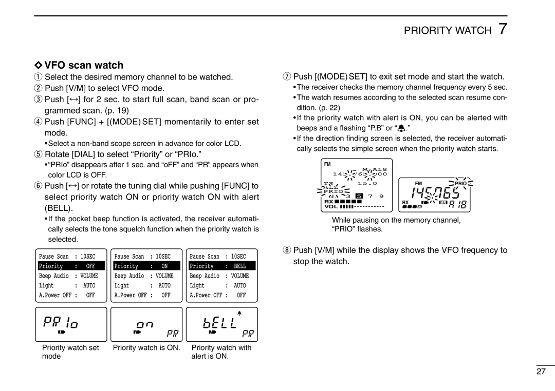 Icom IC-R3 instruction manual VFO scan watch, Priority Watch 