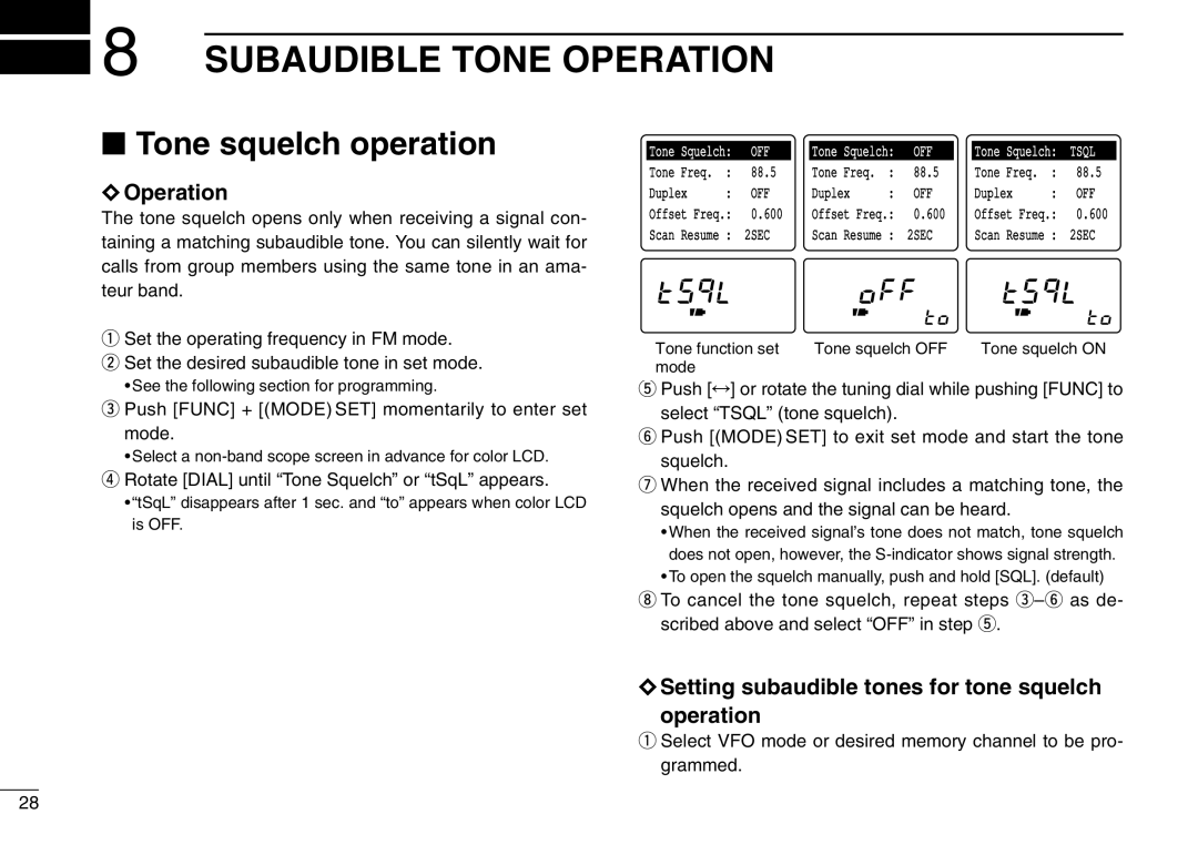 Icom IC-R3 Subaudible Tone Operation, Tone squelch operation, Setting subaudible tones for tone squelch operation 