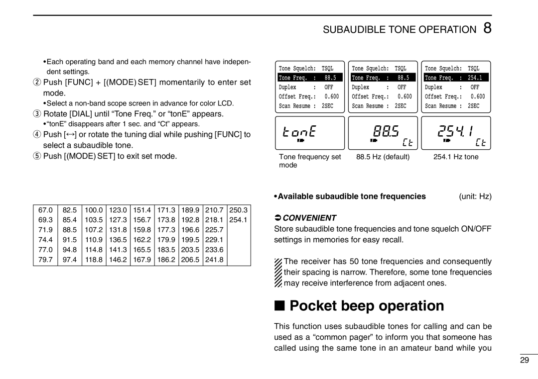Icom IC-R3 Pocket beep operation, Subaudible Tone Operation, Available subaudible tone frequencies, unit Hz, Convenient 