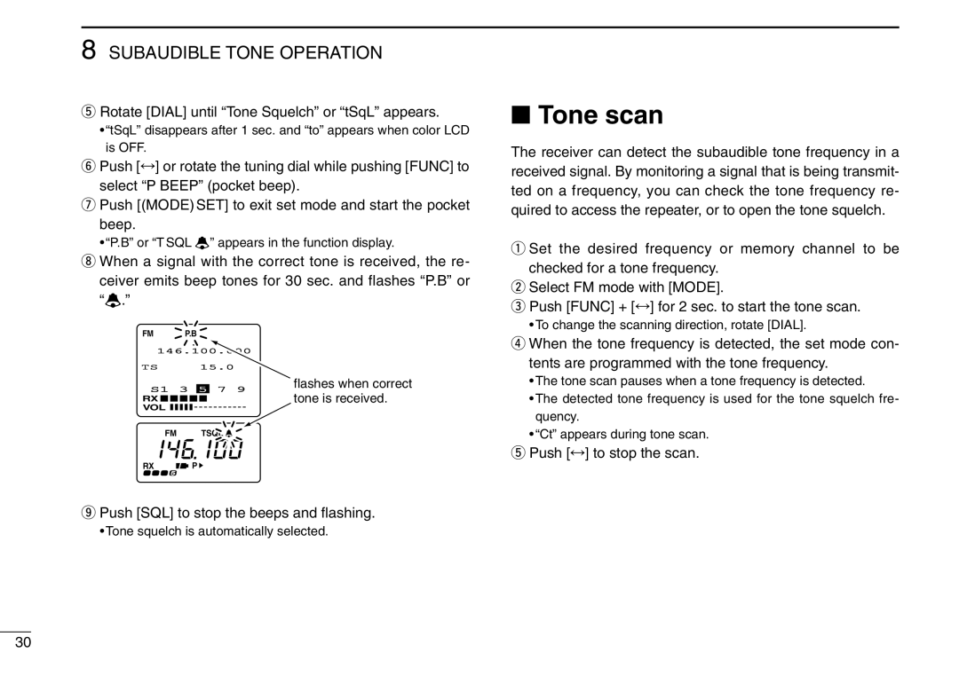 Icom IC-R3 instruction manual Tone scan, Subaudible Tone Operation 
