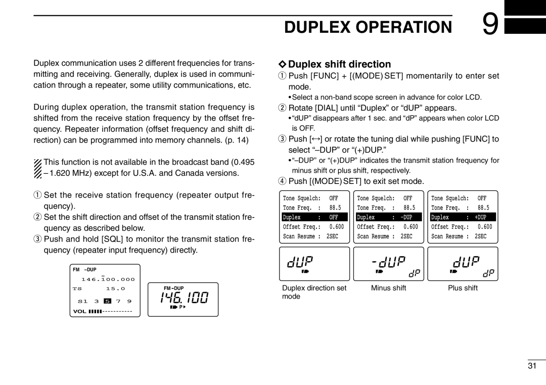 Icom IC-R3 instruction manual Duplex Operation, Duplex shift direction 