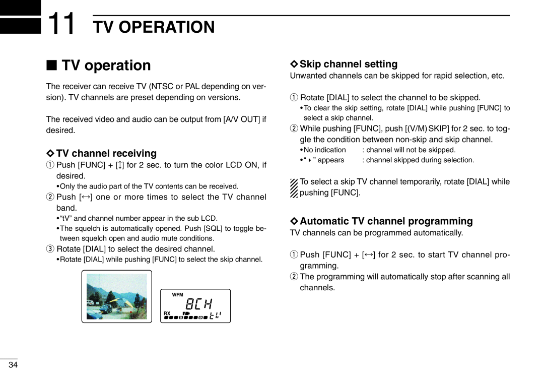 Icom IC-R3 Tv Operation, TV operation, TV channel receiving, Skip channel setting, Automatic TV channel programming 