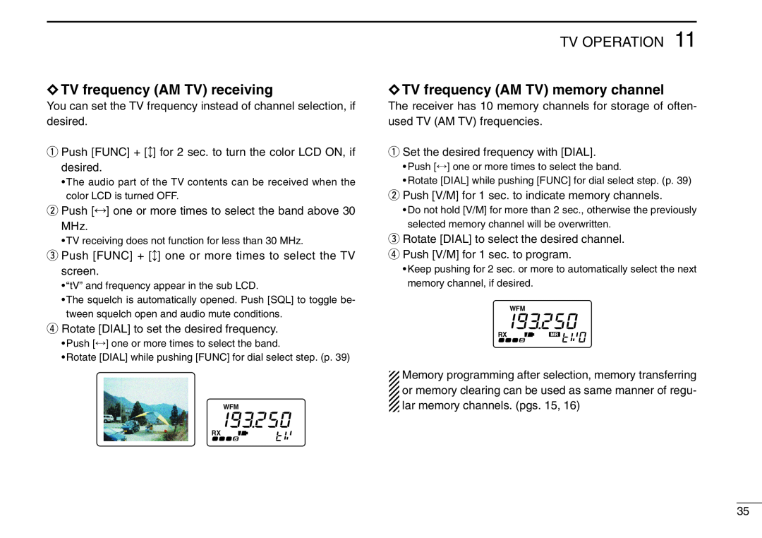 Icom IC-R3 instruction manual TV frequency AM TV receiving, Tv Operation, TV frequency AM TV memory channel 
