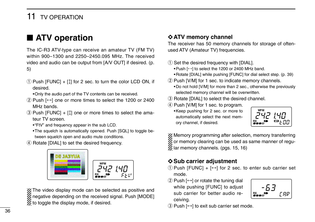 Icom IC-R3 instruction manual ATV operation, Tv Operation, ATV memory channel, Sub carrier adjustment 