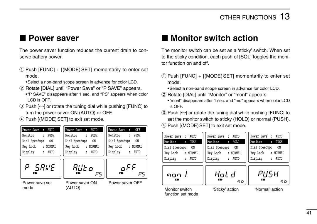 Icom IC-R3 instruction manual Monitor switch action, Other Functions, Power saver OFF 