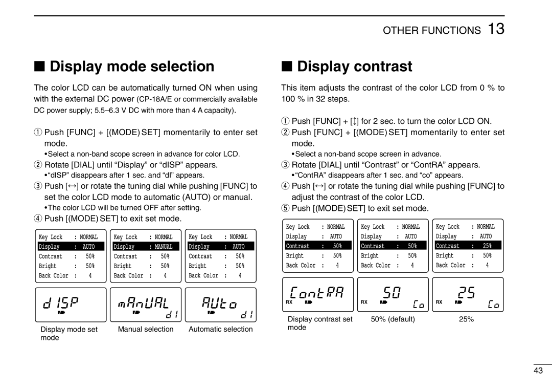 Icom IC-R3 instruction manual Display mode selection, Other Functions, Display contrast set, 50% default 