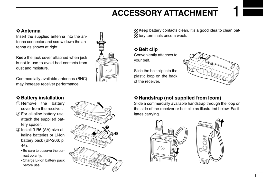 Icom IC-R3 Accessory Attachment, Antenna, Belt clip, Battery installation, Handstrap not supplied from Icom 