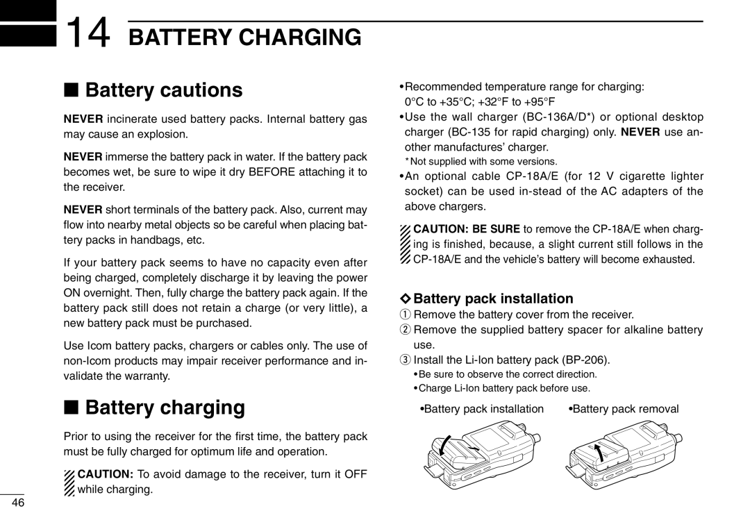 Icom IC-R3 instruction manual Battery Charging, Battery cautions, Battery charging, Battery pack installation 