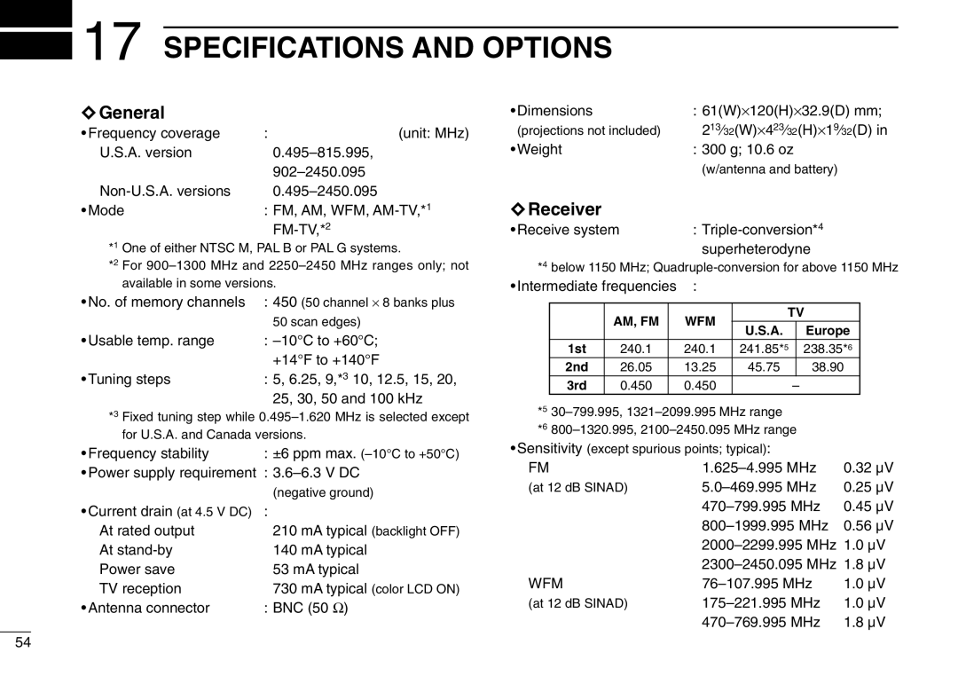 Icom IC-R3 instruction manual Specifications And Options, General, Receiver 