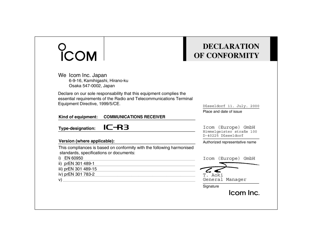 Icom IC-R3 instruction manual We Icom Inc. Japan, Declaration Of Conformity, Icom Europe GmbH T. Aoki General Manager 
