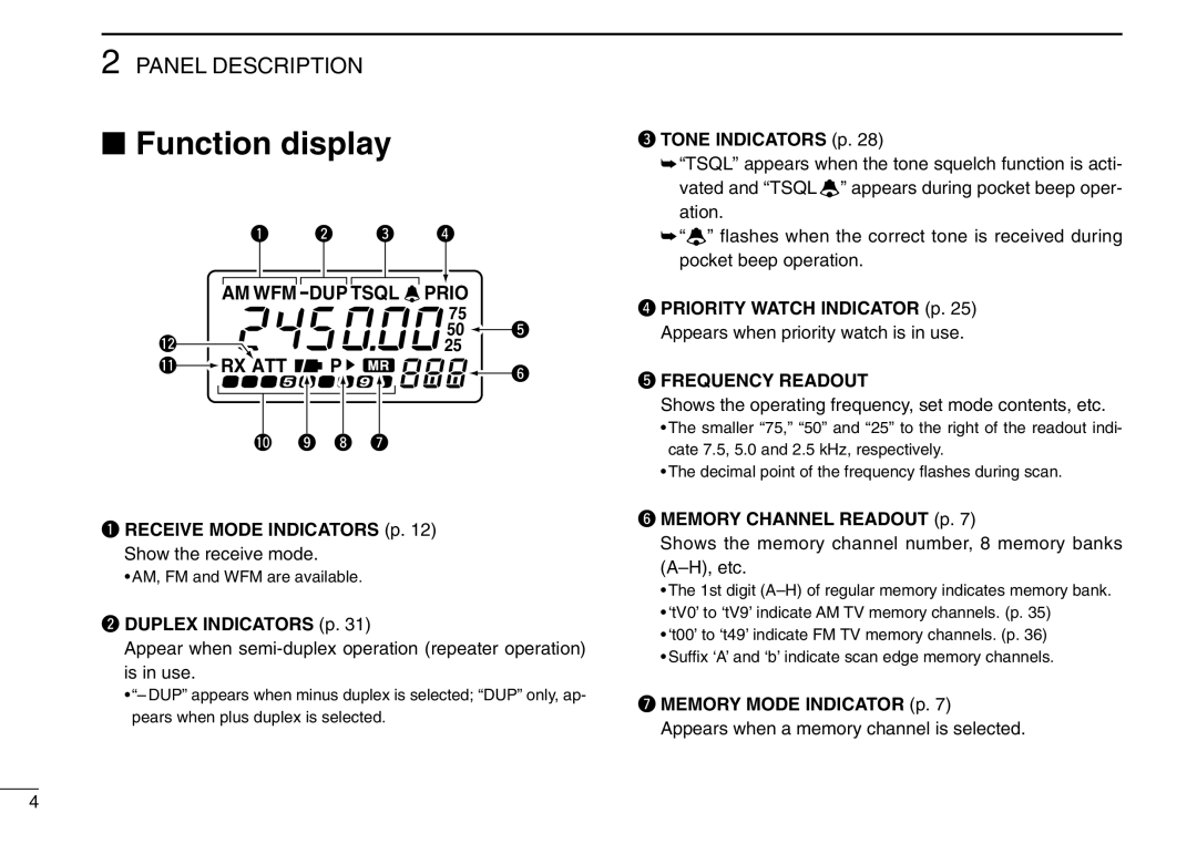 Icom IC-R3 Function display, Panel Description, Am Wfm Dup Tsql Prio, Rx Att, q w e r, o i u, q RECEIVE MODE INDICATORS p 