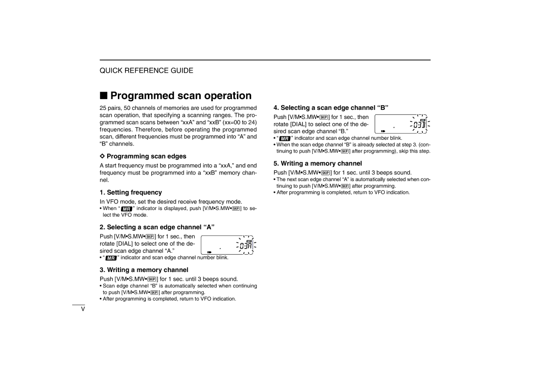 Icom IC-R5 instruction manual Programmed scan operation, Programming scan edges, Selecting a scan edge channel a 