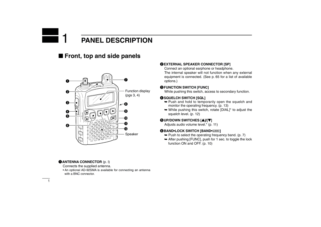 Icom IC-R5 instruction manual Panel Description, Front, top and side panels 