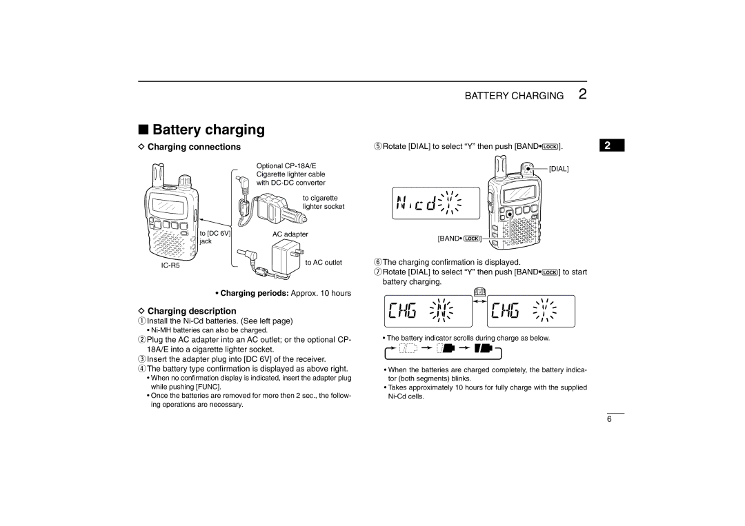 Icom IC-R5 instruction manual Battery charging, Charging connections, Charging description, Charging periods Approx hours 