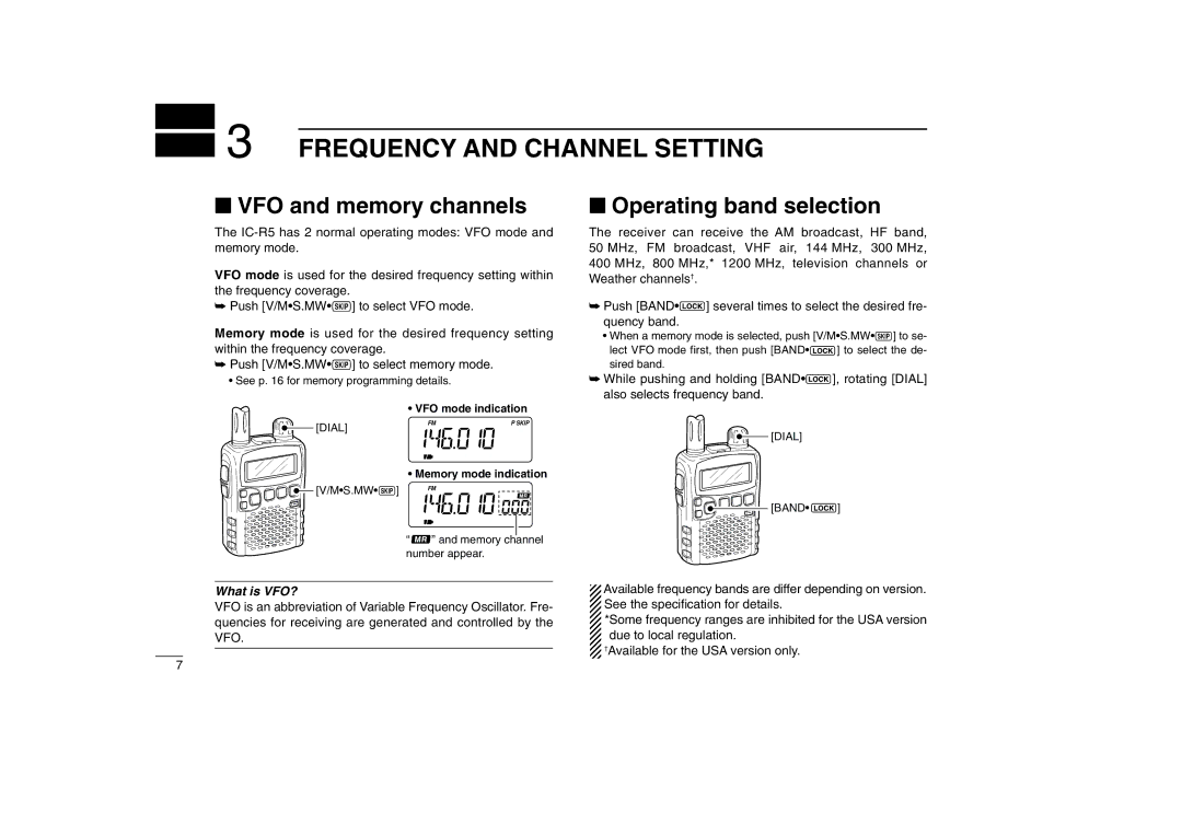 Icom IC-R5 instruction manual Frequency and Channel Setting, VFO and memory channels, Operating band selection 