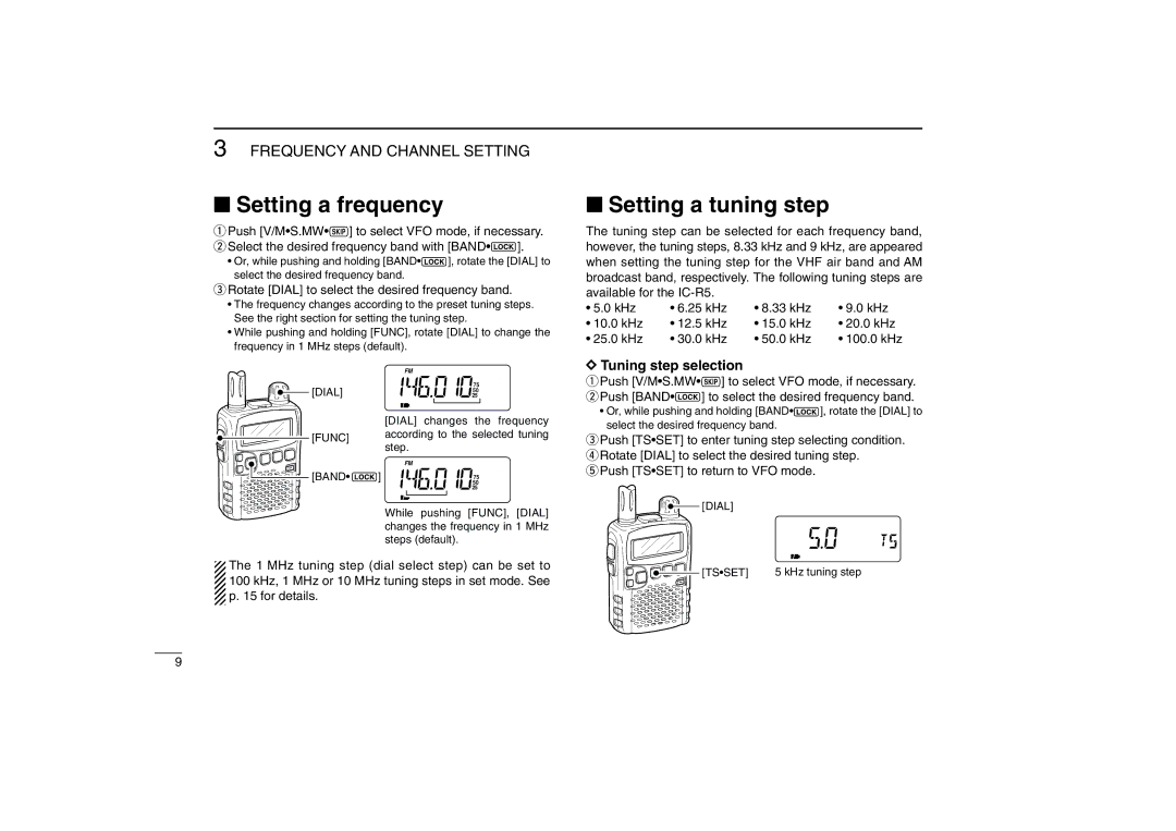 Icom IC-R5 instruction manual Setting a frequency, Setting a tuning step, Tuning step selection 