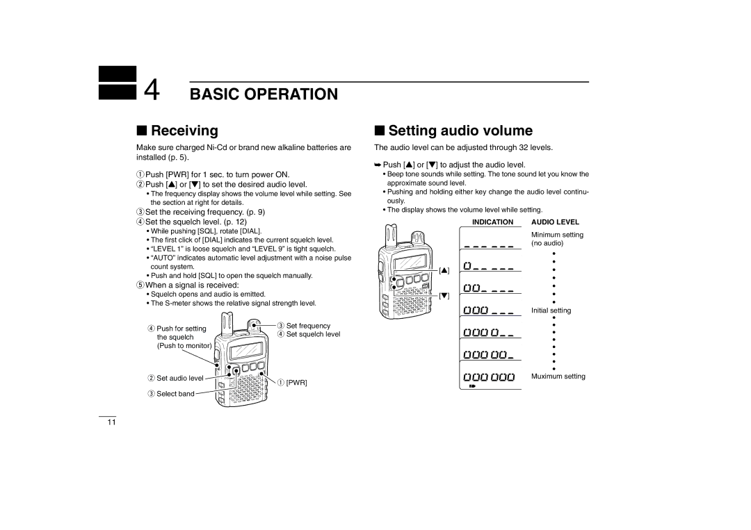 Icom IC-R5 Basic Operation, Receiving, Setting audio volume, Set the receiving frequency. p rSet the squelch level. p 