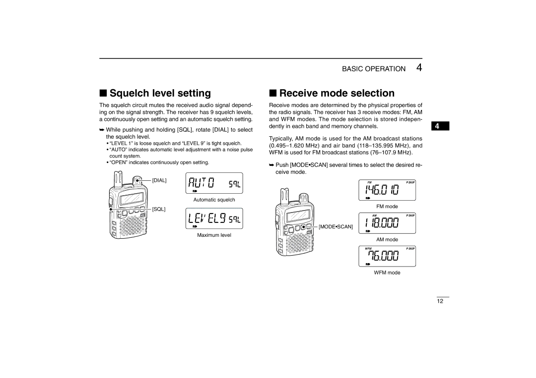 Icom IC-R5 instruction manual Squelch level setting, Receive mode selection 