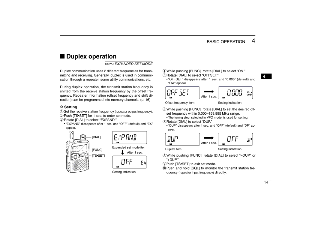 Icom IC-R5 instruction manual Duplex operation, Setting, Rotate Dial to select DUP 