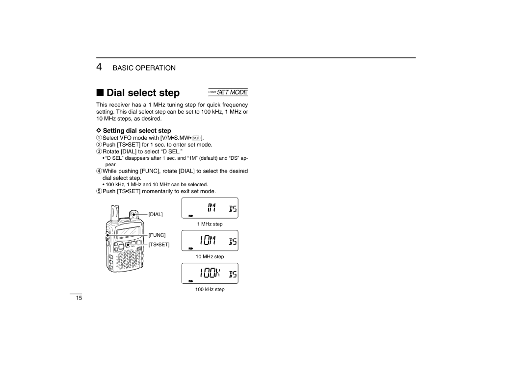 Icom IC-R5 instruction manual Dial select step, Setting dial select step, Push Tsset momentarily to exit set mode 