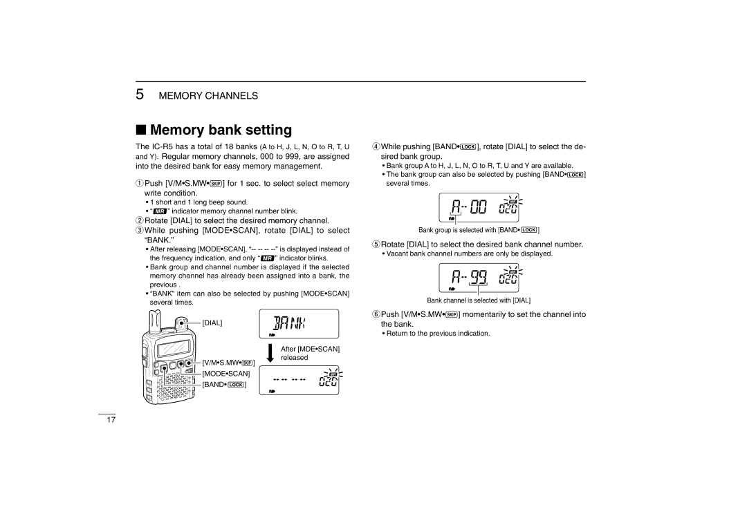 Icom IC-R5 instruction manual Memory bank setting, Rotate Dial to select the desired bank channel number 