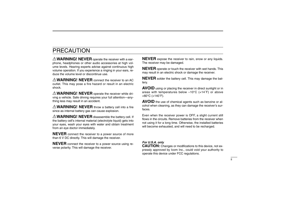 Icom IC-R5 instruction manual Precaution 