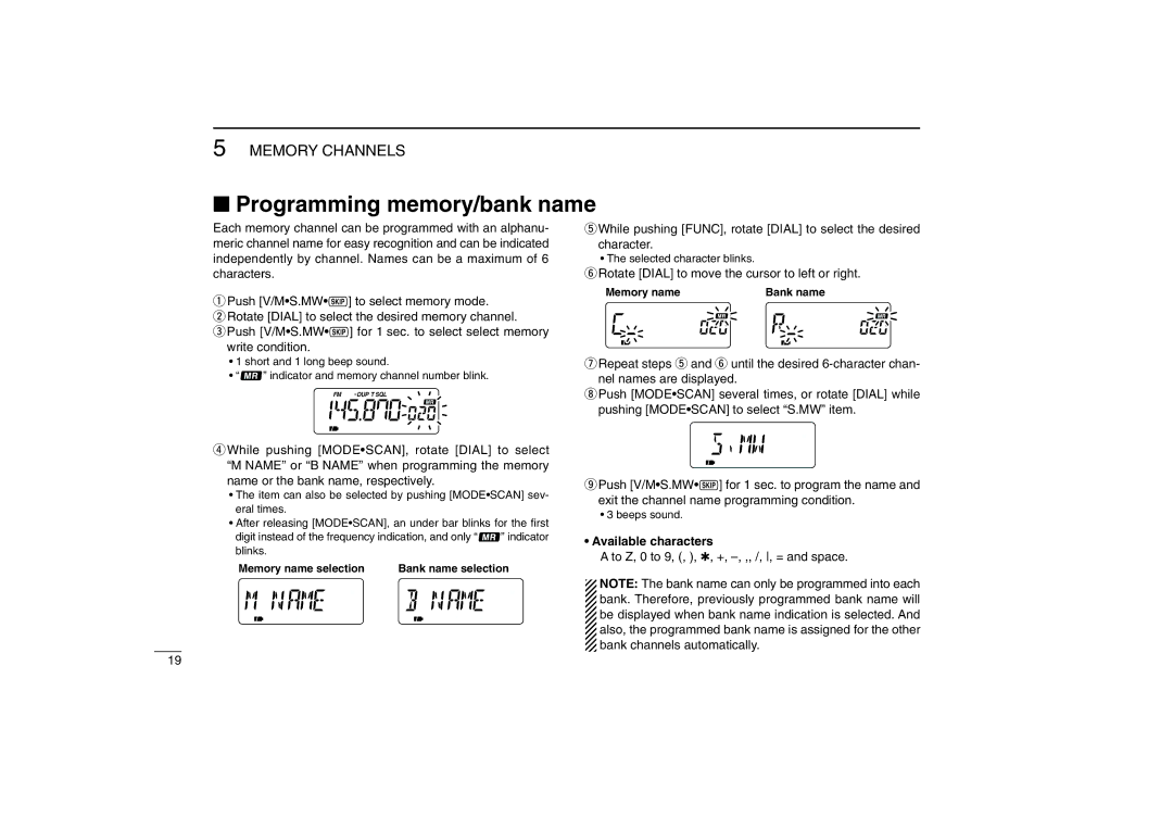 Icom IC-R5 Programming memory/bank name, Rotate Dial to move the cursor to left or right, Available characters 