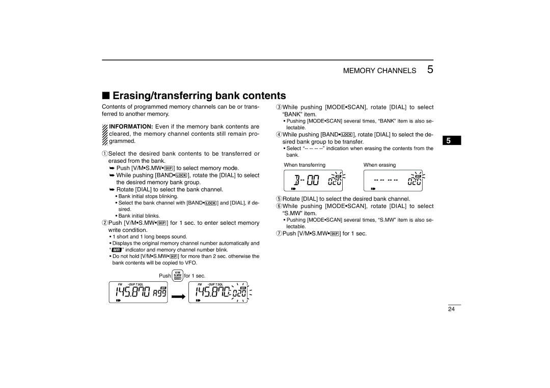 Icom IC-R5 instruction manual Erasing/transferring bank contents 